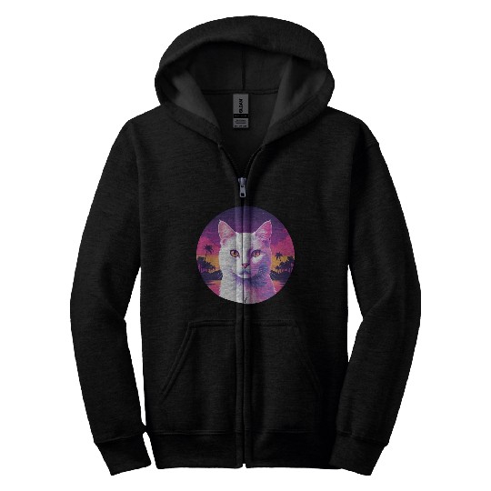 Synthwave White Cat 2 Zip Hoodies