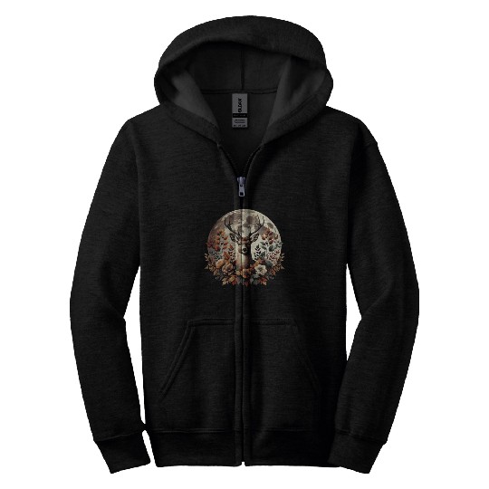 Cottagecore Deer With Flowers In front Of Moon Zip Hoodies