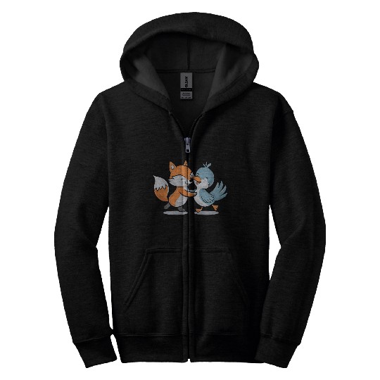 Cute Fox and Bird Friends Zip Hoodies