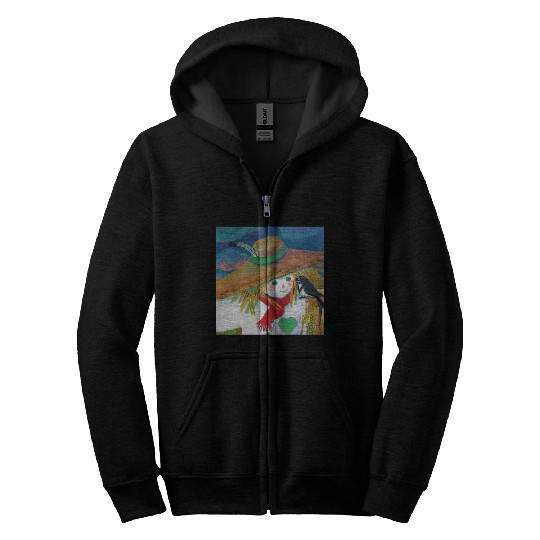 Cute Scarecrow And Barn Swallow Illustration Zip Hoodies