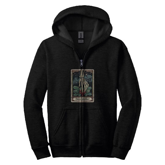 December Gothic Tarot Card - Holly Flower & Skelet Zip Hoodies