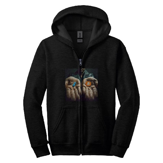 Bitcoin BTC Cryptocurrency Orange Pill Blue Pill Zip Hoodies