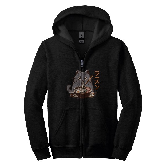 Japanese Cat Eating Ramen Zip Hoodies