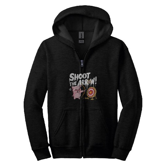 A pink piglet aiming a bow an arrow Zip Hoodies