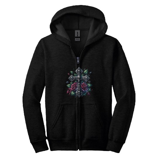 Gothic Collection - Cross, Skulls & Red Roses Zip Hoodies