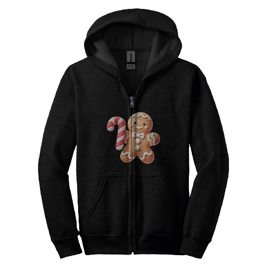 Happy gingerbread man with candy cane Zip Hoodies