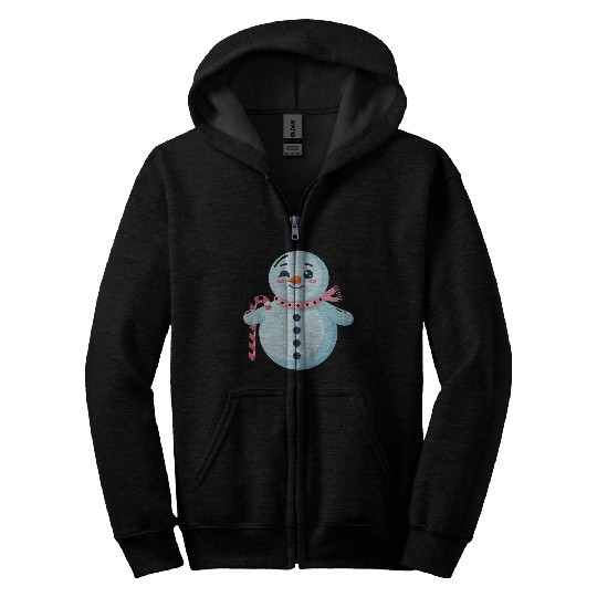 Whimsical Snowman with Candy Cane Zip Hoodies