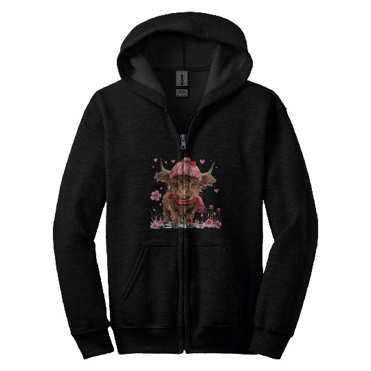 Cute Highland Cow Valentines Day Zip Hoodies