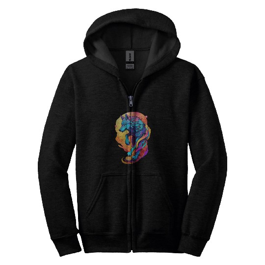 Colored wolf dog Zip Hoodies