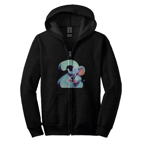 Adorable Elephant with Number 2 Design Zip Hoodies