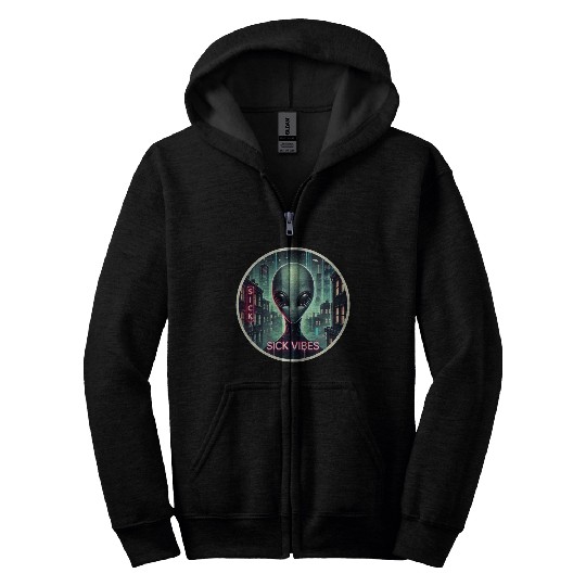 Cyberpunk Alien Encounter - Futuristic Neon Sci-Fi Zip Hoodies