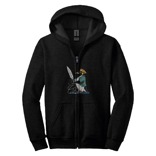 Calligraphy Enthusiast Penguin With Quill Art Zip Hoodies