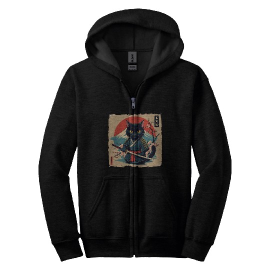 samurai cat Zip Hoodies