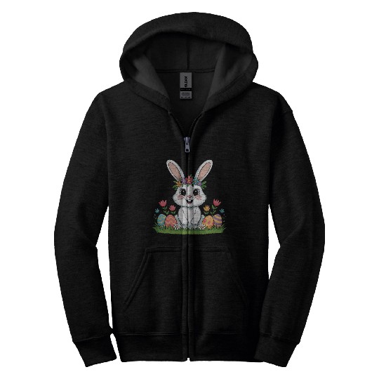 Easter Bunny Flower Crown Spring Eggs Zip Hoodies