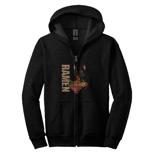 Black Cat Ramen Illustration Zip Hoodies