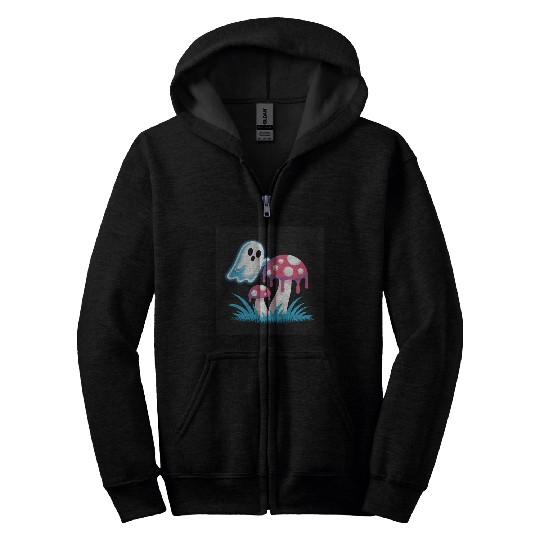 Whimsical Ghost and Mushrooms Illustration Zip Hoodies