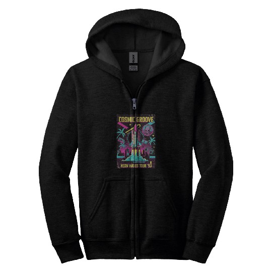 Retro Neon Waves Space Rocket Zip Hoodies