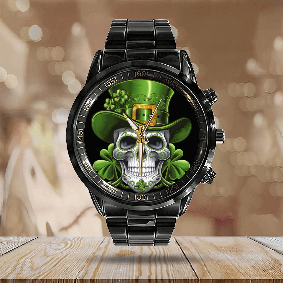 Discover Sugar Skull St Patrick's Day Shamrock Calendar Steel Band Watch