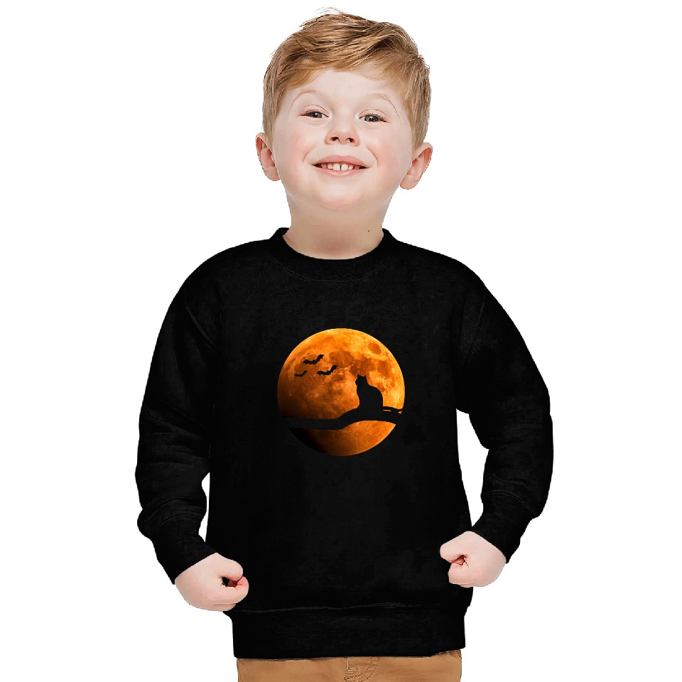 black cats Paws Halloween Orange Full Moon and Bats 2 Sweatshirts