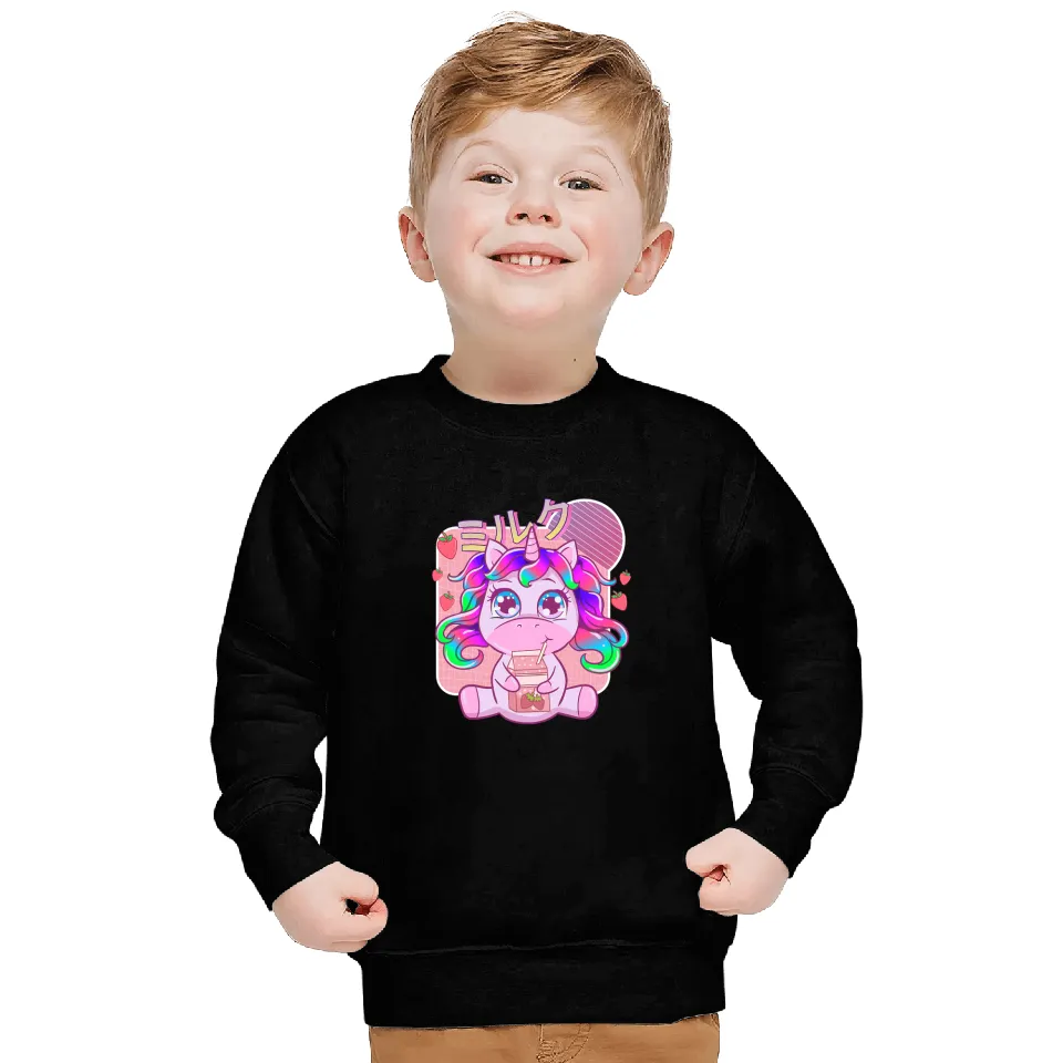 Unicorns Funny Kawaii Unicorns Strawberry Milk Shake Japanese Anime Sweatshirts