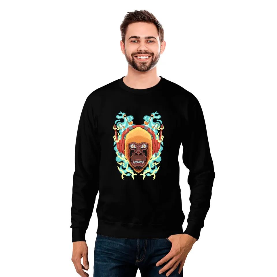 Monkey Lover The Monkey Listens To Music Angry Ape Gorilla King Zoo Sweatshirts