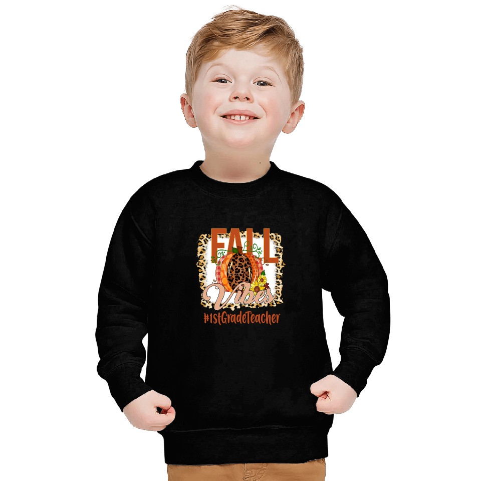 Teacher Job 1st Grade Teacher Fall Vibes Leopard Pumpkin Sweatshirts