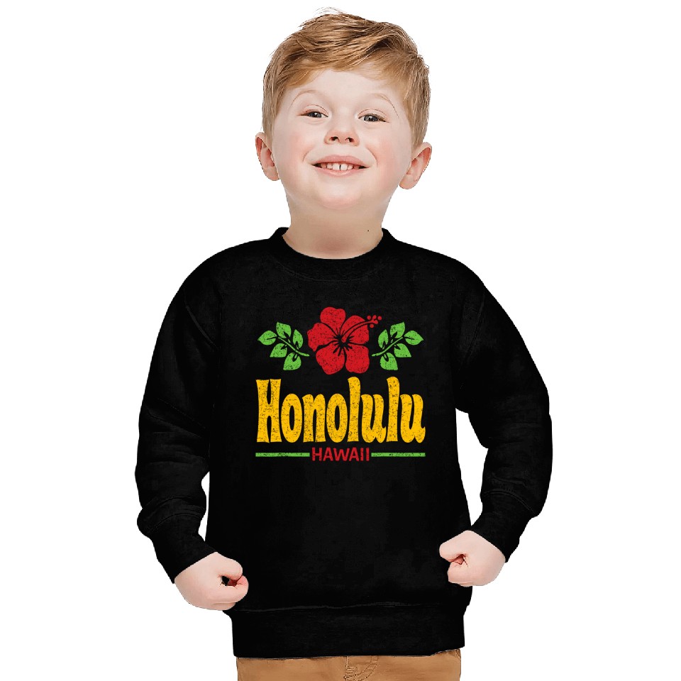 Honolulu Hawaii Flowers Distressed Color Print Sweatshirt
