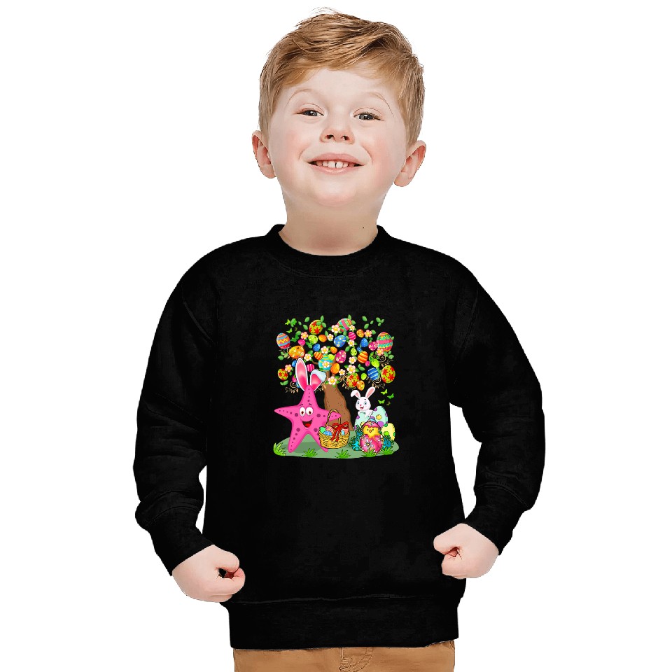 Bunny Starfish Hunting Easter Eggs With Chick Cute Tree Sweatshirts