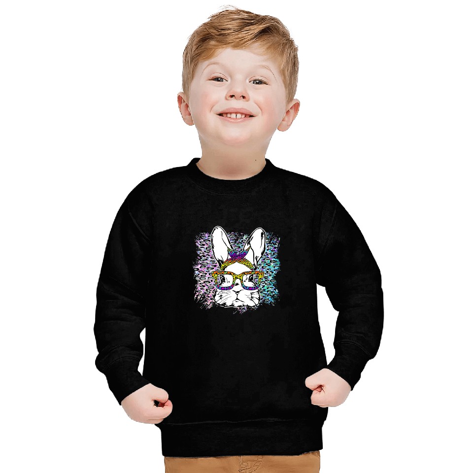 Rabbits Bunny Rabbit Leopard Glasses Happy Easter Day Bleached Sweatshirts
