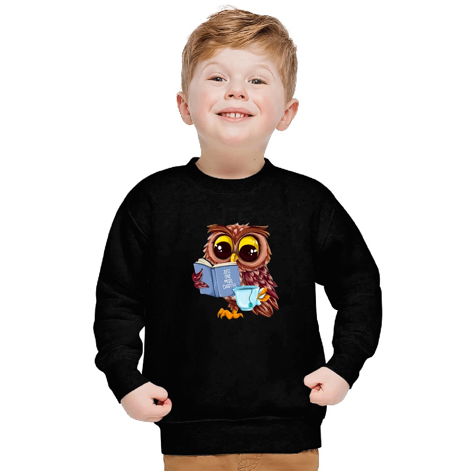 Reading Book Just One More Chapter Cute Owl Reading Book With Tea Reader Sweatshirts