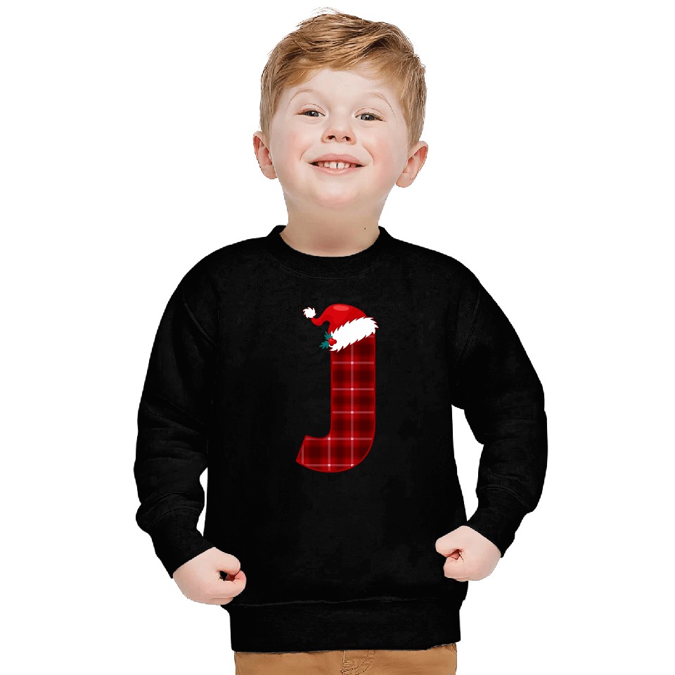 Christmas Plaid Initial Letter J Monogram Santa Hat Graphic Sweatshirts