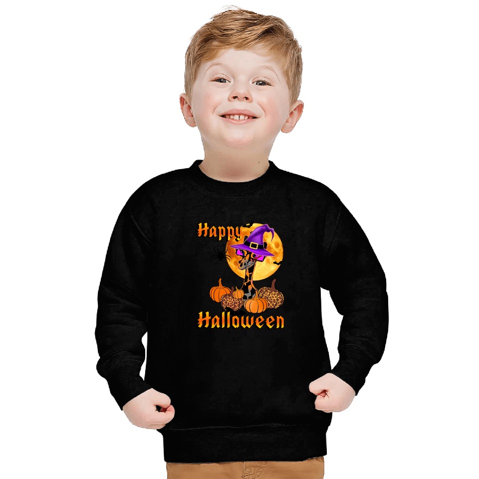 Giraffe Pet Full Moon Halloween Bats Orange Pumpkin Giraffe Spider Web Sweatshirts