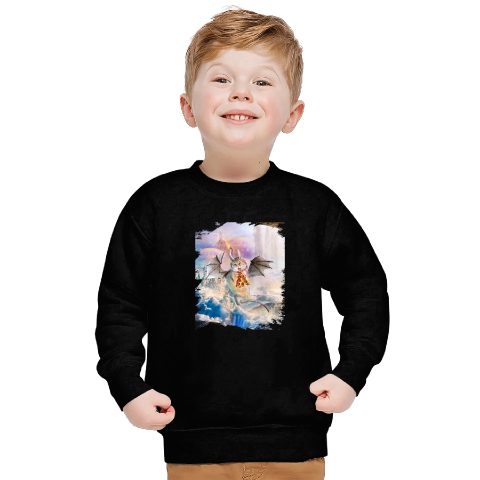 Dragon Pet Galaxy Cat Dragon Eat Pizza in Space Sweatshirts