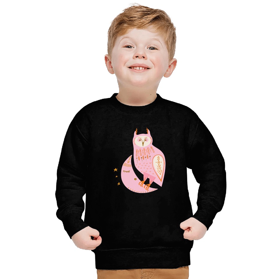 Owl Pet Cute Celestial Cosmic Pink Orange Owl and Moon Pattern Sweatshirts