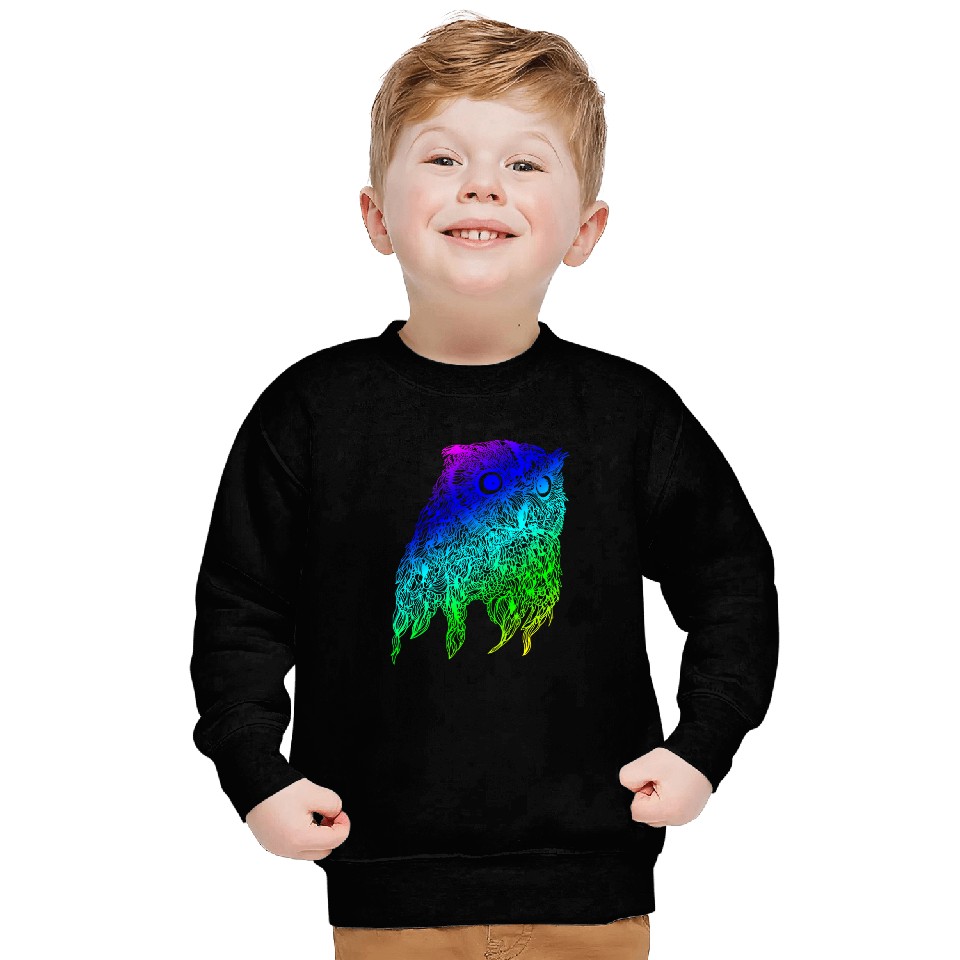Owl Pet Teal Gradient Hand Drawn Colorful Owl Bohemian Graphic Sweatshirts