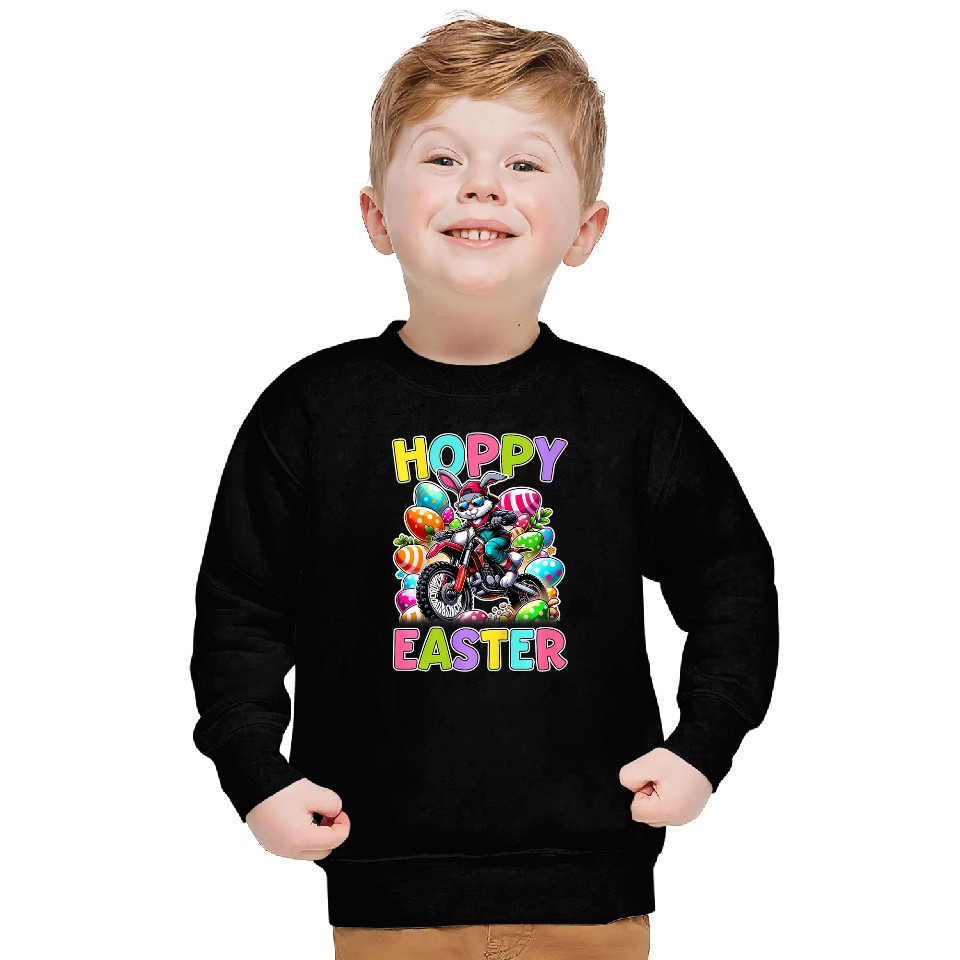 Kids Hoppy Easter Motorcycle Kids Funny Easter Egg Hunt Dirt Bike Sweatshirts
