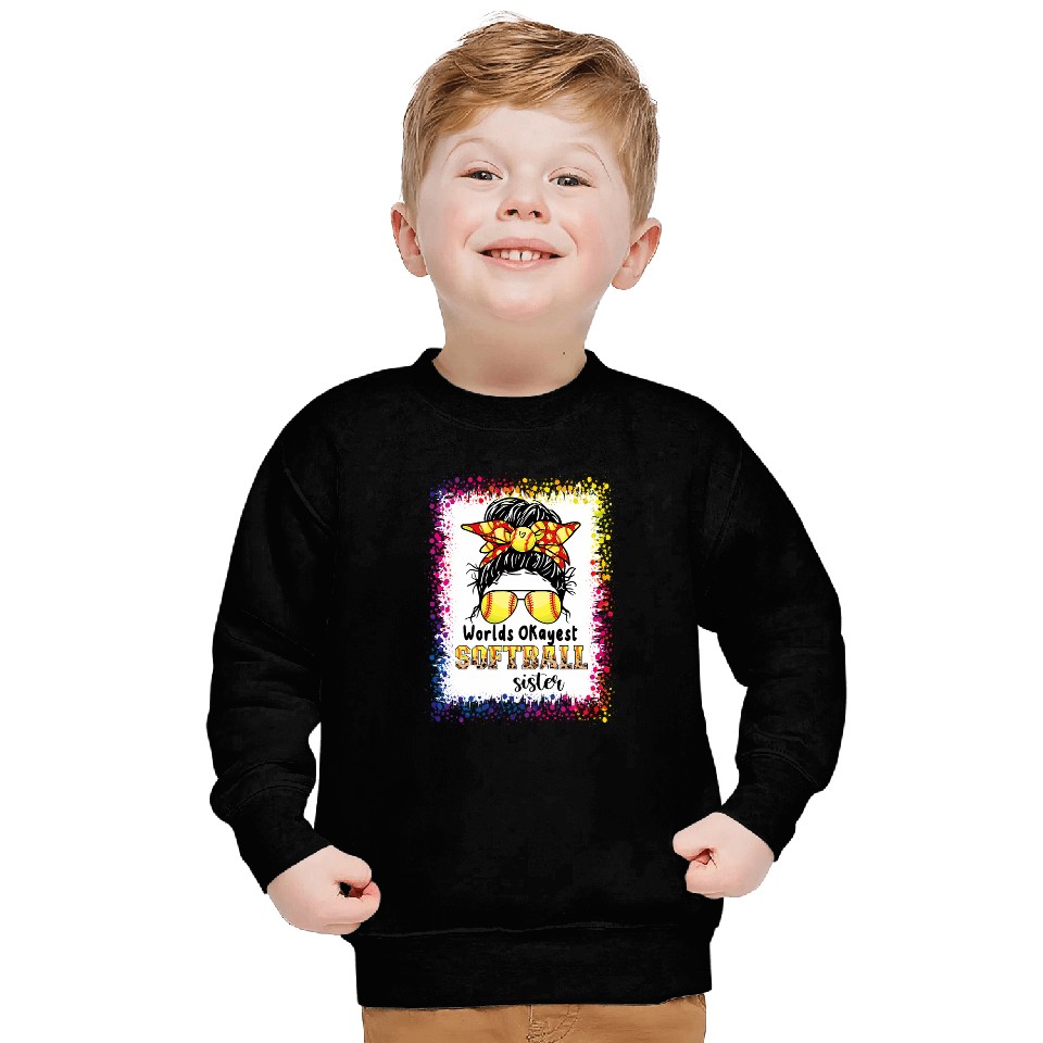 Worlds Okayest Softball Sister Bleached Leopard Messy Bun Sweatshirts