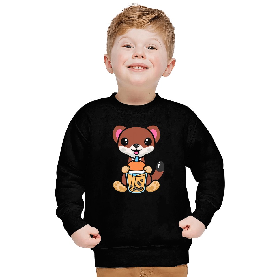 Bubble Milk Tea Weasel Cute Weasel Drinking Boba Milk Tea Sweatshirts