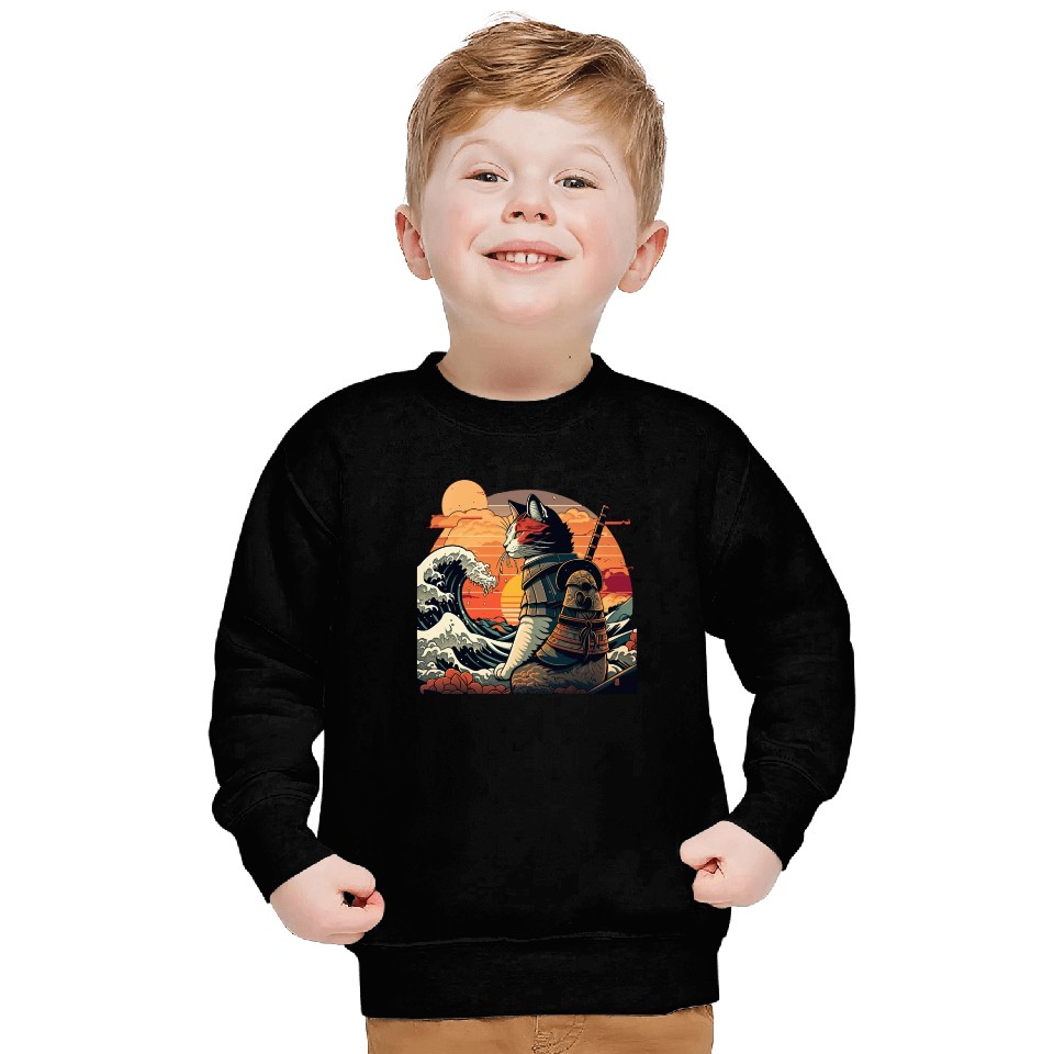Retro samurai cat The Great Wave Hokusai Sweatshirts