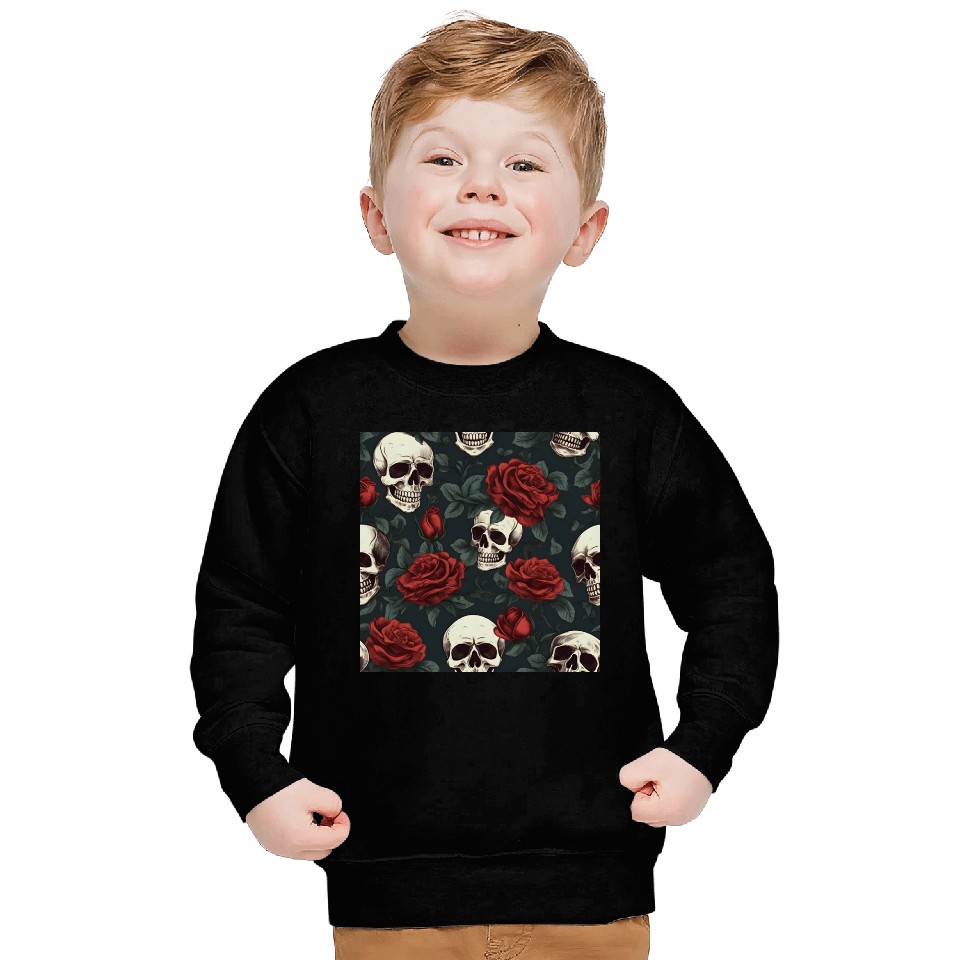 Dark Elegant Gothic Pattern Skulls & Red Roses Sweatshirts