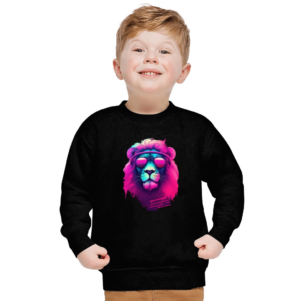 Synthwave Sun King Lion s Neon Shades Sweatshirts