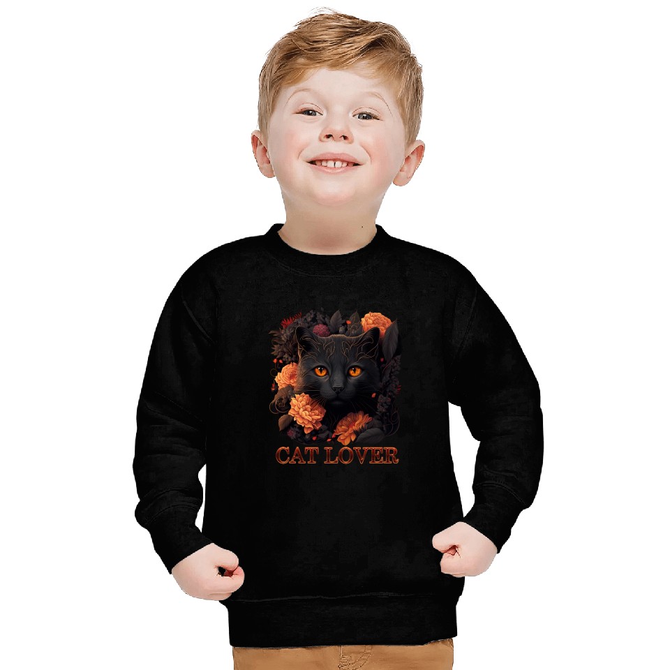 Cat Lover - Sweet Black Cat with Flowers Sweatshirts
