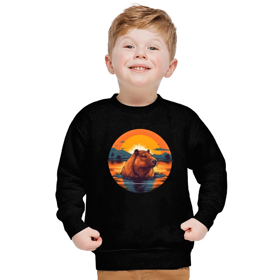 Sunset Serenity: Rustic Capybara Stripe Illustrate Sweatshirts