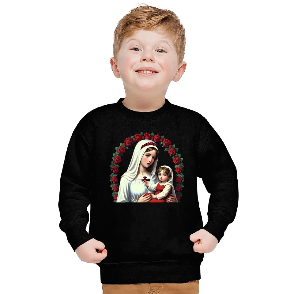 Mother Mary and Baby Jesus with Red Roses Sweatshirts