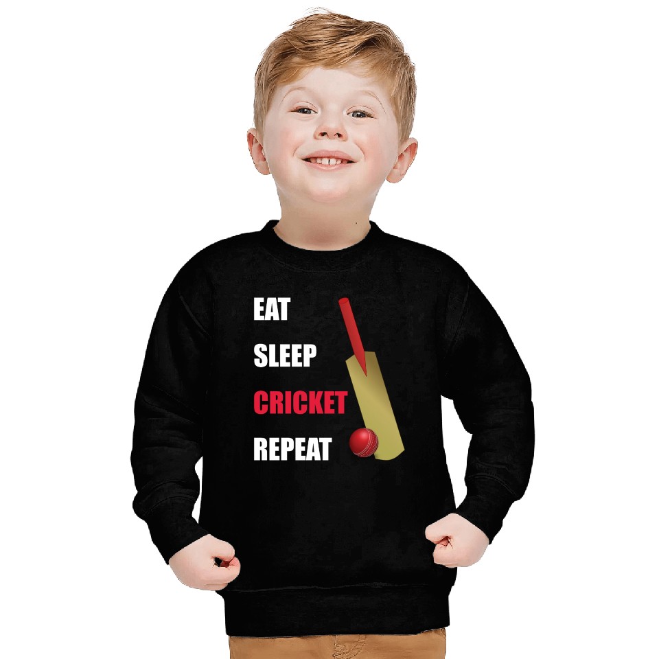 Eat Sleep Cricket Repeat Red and White Text Sweatshirts