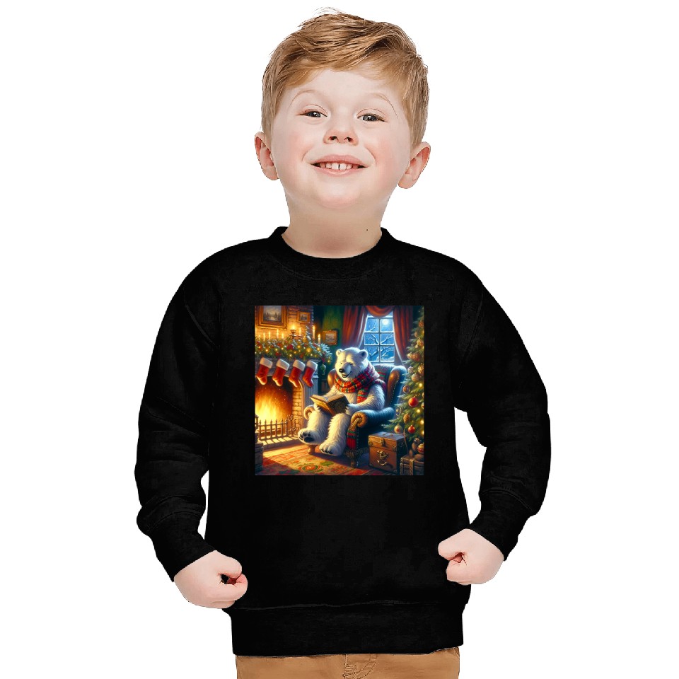 Winter Tales-Merry Cozy Bear Reading by Fireplace Sweatshirts