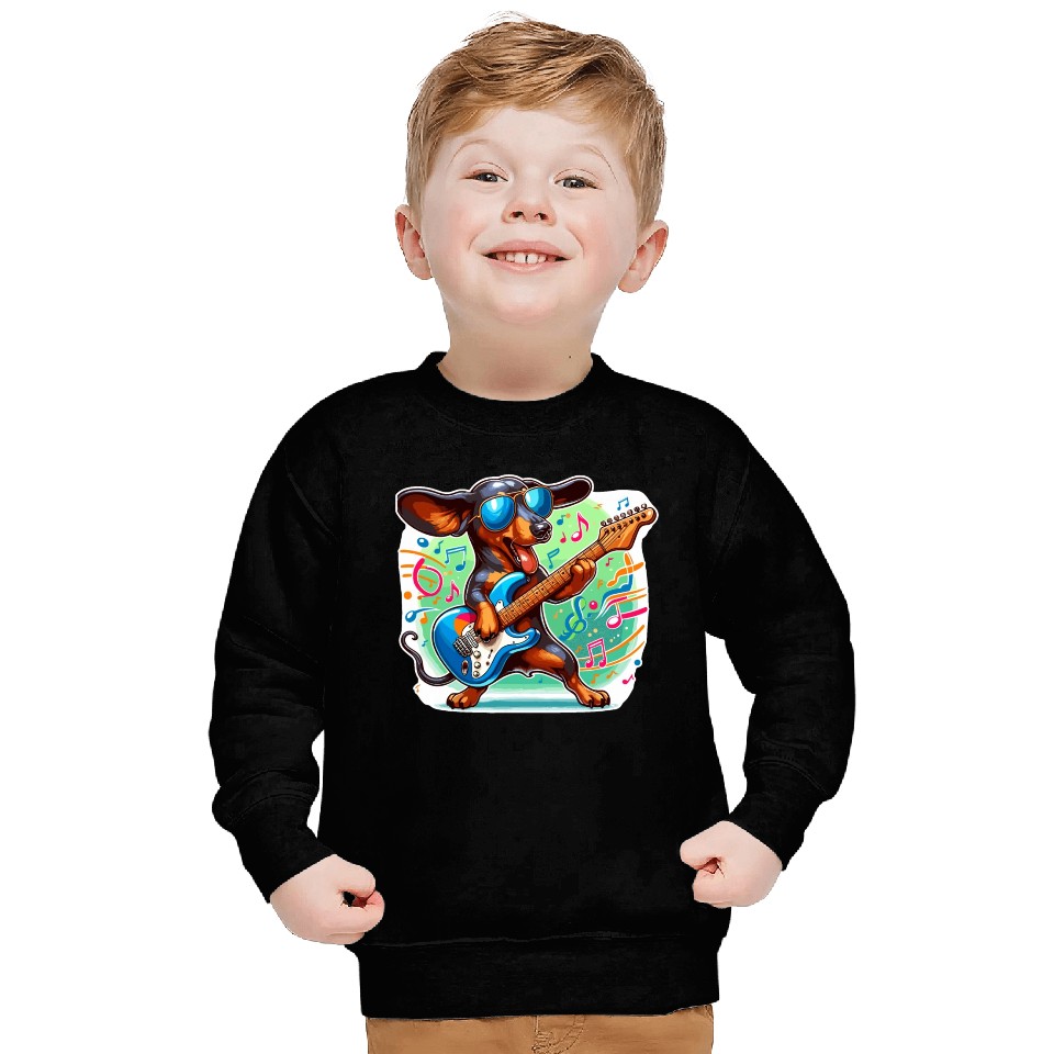 Cute Dachshund playing E-Guitar Sweatshirts
