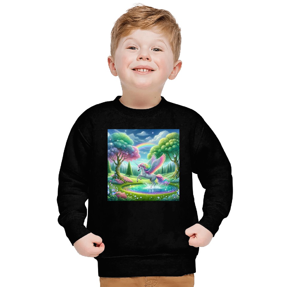 Enchanted Rainbow Unicorn Over Sparkling Pond Sweatshirts