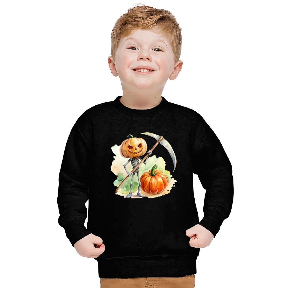 Pumpkin headed skeleton wielding a menacing scythe Sweatshirts