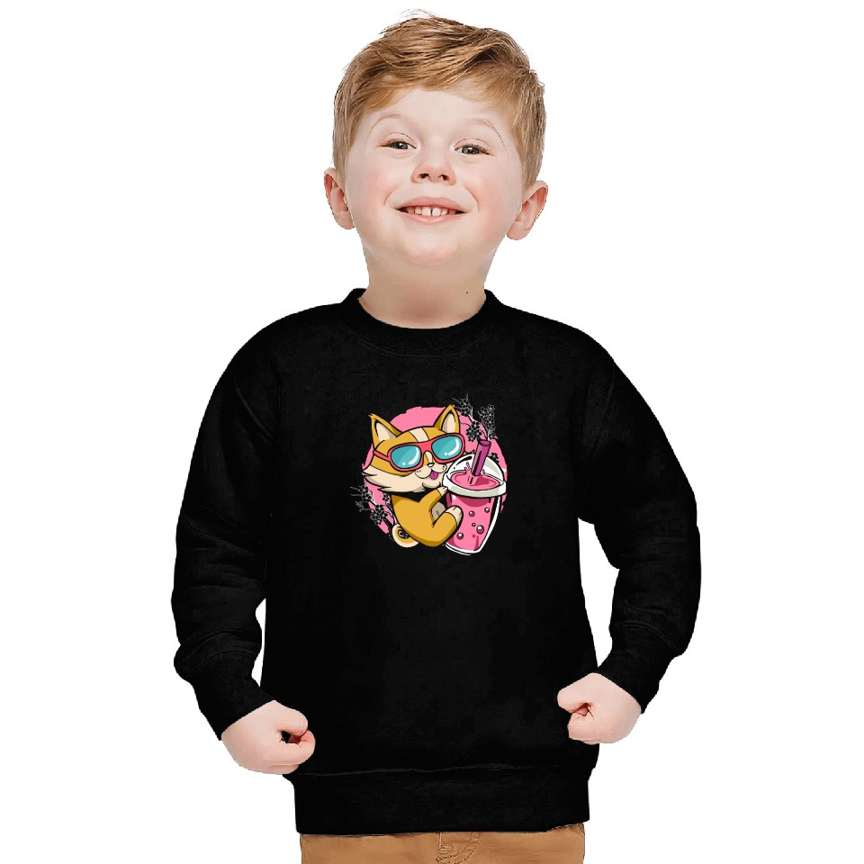 Kitten Kawaii Boba Milk Tea Drinking Cat Sweatshirts